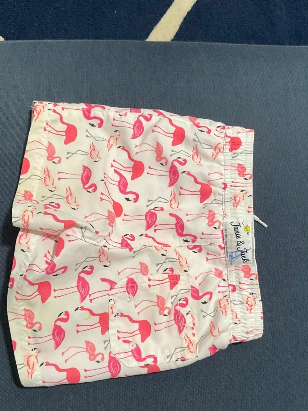 Janie and Jack White Swim Trunks with Pink Flamingo Print